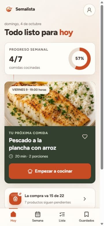 Pantalla real de Semalista con el progreso semanal y la próxima comida