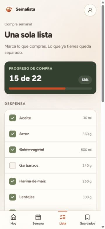 Pantalla real de Semalista con la lista de compras y su progreso