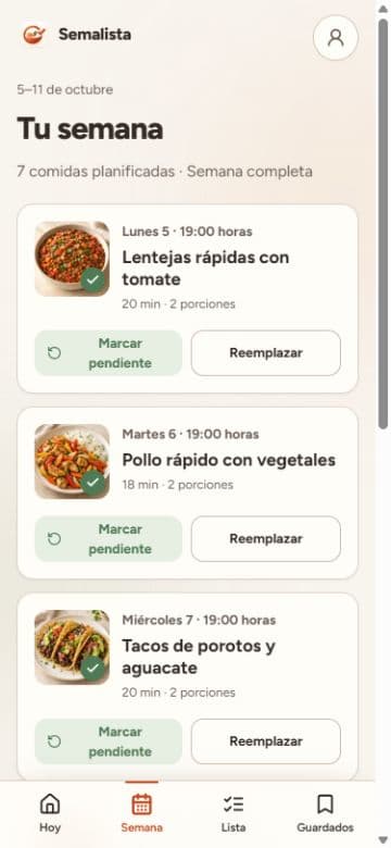 Pantalla real de Semalista con siete comidas de lunes a domingo